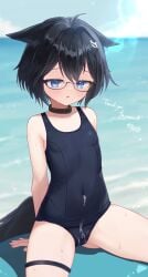 ahoge animal_collar animal_ear_fluff animal_ears beach black_hair blue_eyes blush breasts collar cum cum_on_clothes double-parted_bangs ears_down female glasses hair_ornament highres looking_down navel original school_swimsuit sese_nagi sitting small_breasts solo sweat swimsuit tail thighs wariza