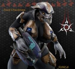 3d alien alien_girl big_breasts claws elite_(halo) female female_focus female_only female_sangheili four_fingers halo_(game) halo_(series) larger_female mandibles oc plasma_gun sangheili sharp_claws sharp_teeth solo synca_(artist)