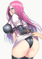 1girls alternate_hairstyle arms_behind_back ass assisted_exposure back bdsm blue_eyes blush boots breasts dat_ass earrings exposed_ass exposed_panties eyelashes female gloves hair_down human human_only jessie_(pokemon) large_breasts long_hair looking_at_viewer looking_back miniskirt nagase_haruhito nintendo panties pink_hair pokemon shirt skirt skirt_lift standing thighhighs white_background