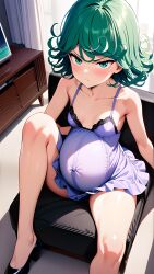 1girls ai_generated angry angry_expression angry_face annoyed annoyed_expression female green_eyes green_hair high_heels living_room one-punch_man open_legs pregnant pregnant_female purple_dress sitting sitting_on_chair sitting_on_couch slender_legs slender_waist tatsumaki violet_dress