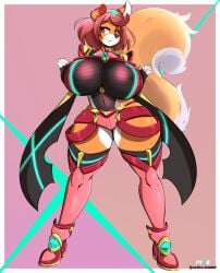 1girls anthro anthrofied armor boots breasts core_crystal curvy fingerless_gloves fox fox_ears fox_girl fox_tail fyxe fyxe_(artist) gloves huge_breasts large_breasts looking_at_viewer nintendo pyra red_eyes red_hair red_shorts short_hair short_shorts shorts thick_thighs tiara xenoblade_(series) xenoblade_chronicles_2