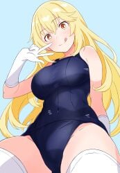 1girls blonde_hair breasts cute female female_only gloves happy kawaii large_breasts shokuhou_misaki sparkling_eyes stockings swimsuit teenage_girl teenager to_aru_majutsu_no_index tongue young younger_female