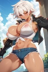 ai_generated blazblue bullet_(blazblue) hotpants outdoors see-through_clothing short_hair white_hair