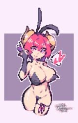 1girls cameltoe condom condom_belt condoms dragon_girl female filled_condom half_naked_female heart ilulu_(dragon_maid) miss_kobayashi's_dragon_maid pinup pixel_(artwork) pixel_art posing ramenlewdles red_hair