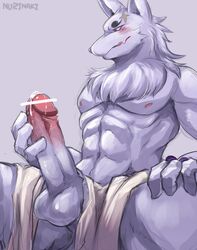 anthro balls big_muscles canine censored erection fox gingitsune gintaro male male_only mammal muscular muscular_male nurinaki penis penis_grab precum simple_background solo