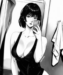 1girls artist_name black_and_white breasts busty cleavage female fubuki_(one-punch_man) mirror mirror_selfie missfaves one-punch_man selfie short_hair short_hair_female solo