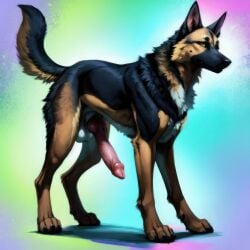 1boy ai_generated animal_genitalia animal_penis balls big_penis canid canine canine_genitalia canine_penis canis domestic_dog erection feral fur german_shepherd hi_res knot male male_only mammal penis quadruped snout tail