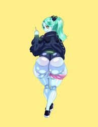 ass ass_focus cyberpunk:_edgerunners de_kurayami fake_ass female female_only flipping_off green_hair large_ass pale-skinned_female rebecca_(edgerunners) shortstack tattoo thick_ass thick_legs thick_thighs thighs