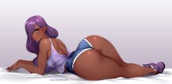 1girls ass big_ass big_breasts bimbo blue_shorts bottomwear breasts clothing curvy dark-skinned_female dark_skin elf-san_wa_yaserarenai eure female female_only footwear gorgon hair hair_over_one_eye hi_res huge_ass humanoid legs lips long_hair looking_at_viewer looking_back lying lying_on_side nofuture on_stomach pointy_ears purple_hair short_shorts shorts solo solo_female tank_top thick_lips thick_thighs topwear wide_hips yellow_eyes