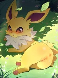 2024 4_fingers absurd_res ambiguous_gender anus big_ears blush bodily_fluids brown_eyes digitigrade eeveelution feet female feral fingers flong fur generation_1_pokemon genital_fluids genital_focus genitals glistening glistening_eyes hi_res hindpaw jolteon looking_at_viewer looking_back lying mammal nintendo on_back on_side open_mouth pawpads paws pink_pawpads pokemon pokemon_(species) pussy quadruped seductive shy solo toes vaginal_fluids white_body white_fur yellow_body yellow_fur