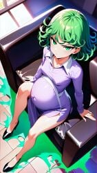 1girls after_sex ai_generated angry angry_expression angry_face annoyed annoyed_expression female green_eyes green_hair high_heels living_room one-punch_man pregnant pregnant_female purple_dress sitting sitting_on_chair sitting_on_couch slender_legs slender_waist tatsumaki violet_dress