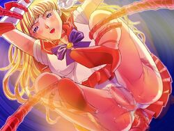 1girls bishoujo_senshi_sailor_moon blonde_hair blue_eyes breasts censored choker clothing elbow_gloves erect_nipples erect_nipples_under_clothes female gloves kneepit_sex minako_aino nipples open_mouth panties pussy sailor_venus skirt small_breasts tentacle tiara torn_clothes x_koubou