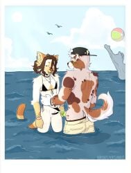 ambiguous_gender anthro archer_(rroostersauce) beach bikini bodily_fluids canid canine canis clothing cum cum_in_clothing cum_in_panties cum_in_underwear cumshot domestic_cat domestic_dog duo ejaculation embarrassed exhibitionism felid feline felis female femboy genital_fluids genitals hi_res male male/female mammal mastectomy_scar melon_(rroostersauce) muscular muscular_anthro muscular_male panties public rroostersauce scar self-harm_scars siamese swimwear trans_(lore) trans_man_(lore) two-piece_swimsuit underwear vulva