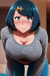 ai_generated arms_at_sides bent_over big_breasts blue_eyes blue_hair blue_jeans blush busty cleavage closeup creatures_(company) curvy female female_only front_view game_freak gigantic_breasts grey_sweater hi_res highres jeans lana's_mother_(pokemon) looking_at_viewer milf mommy mother nintendo pokemon pokemon_(anime) pokemon_(game) seraphim_ai smile solo stable_diffusion sweater