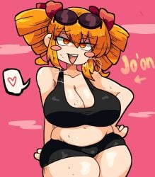 1girls big_belly big_breasts breasts cleavage clothed_female doodle drill_hair fat_thighs glasses_on_head goddess jo'on_yorigami light-skinned_female notnoe_(dxcl) open_mouth orange_eyes orange_hair pink_background request round_glasses shorts solo solo_female spoken_heart sports_bra sweat thick_thighs thighs touhou yorigami_jo'on