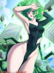 1girls bare_arms bare_legs bare_shoulders bare_thighs blush clothed clothing color female female_focus female_only green_eyes green_hair hi_res light-skinned_female light_skin looking_at_viewer one-punch_man opalisart ripped_clothing ripped_clothing short_hair small_breasts solo solo_female tagme tatsumaki thick_thighs