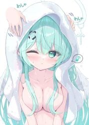 blush covered_nipples cross green_eyes green_hair halo hands japanese_text large_breasts mikaze_oto neoteny one_eye_closed original original_character relaxed rubbing_head shortstack spoken_musical_note text towel upper_body