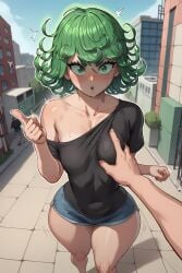 1boy 1girls ai_generated azure_(artist) bare_arms bare_legs bare_shoulders bare_thighs blush color embarrassed female grabbing_breasts green_eyes green_hair hand_on_breast hi_res light-skinned_female light_skin looking_at_viewer male male/female one-punch_man shocked_expression short_hair small_breasts tagme tatsumaki thick_thighs