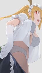 1girls big_breasts blonde_hair blush bra breasts cleavage clothing dragon_girl elbow_gloves female gloves hiroki_(yyqw7151) horns long_hair looking_down low-angle_view maid_headdress maid_uniform matching_underwear miss_kobayashi's_dragon_maid open_mouth panties shirt solo tail tohru_(dragon_maid) twintails underwear undressing white_bra white_panties white_shirt