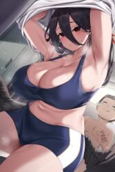 1boy 1girls armpit_fetish armpits arms_up big_breasts black_hair black_wings blue_archive breasts busty cleavage clothed_female_nude_male curvaceous curvy curvy_body curvy_female curvy_figure female hasumi_(blue_archive) huge_breasts large_breasts moisture_(chichi) mole mole_under_eye ponytail red_eyes sensei_(blue_archive) sports_bra thick_thighs thighs voluptuous wings