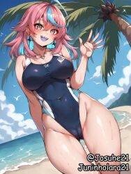 1girls ai_generated beach big_breasts bikini blush breasts emikukis latam_virtual_youtuber multicolored_hair public pussy short_hair sky_blue_hair tagme thighs virtual_youtuber vtuber