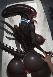 ai_generated alien_(franchise) alien_girl big_ass big_breasts female holding_hands nipples panties pussy sanyasralker thin_waist tongue_out voluptuous xenomorph