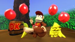 2021 3d_(artwork) anthro balloon balls banana barrel big_penis brown_body brown_fur clothing crop_top diddy_kong digital_media_(artwork) donkey_kong_(series) doommusk food fruit fur genitals gesture half-closed_eyes hand_gesture hand_on_leg hand_on_own_leg haplorhine hat headgear headwear hi_res holding_banana holding_food holding_fruit holding_object holding_object_with_feet inflatable kong looking_at_viewer male mammal monkey multicolored_body multicolored_clothing multicolored_crop_top multicolored_fur multicolored_shirt multicolored_topwear narrowed_eyes nintendo on_ground outside penis plant pose primate red_clothing red_crop_top red_hat red_headwear red_shirt red_topwear shirt sitting sitting_on_ground smile solo source_filmmaker_(artwork) tan_body tan_ears tan_fur tan_nose teeth topwear tree two_tone_body two_tone_clothing two_tone_crop_top two_tone_fur two_tone_shirt two_tone_topwear v_sign yellow_clothing yellow_crop_top yellow_shirt yellow_topwear