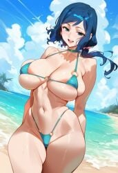 1girls 2d ai_generated beach big_breasts bikini blue_hair female female_focus female_only gundam gundam_build_fighters highleg highleg_bikini iori_rinko large_breasts outdoors solo solo_female solo_focus tagme water