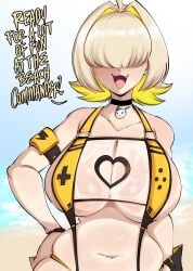 1girls absurd_res big_breasts bikini breasts breasts_bigger_than_head chubby_female commander_(nikke) covered_eyes curvy curvy_figure dialogue elegg_(nikke) english_text fang female female_focus goddess_of_victory:_nikke hair_between_eyes open_mouth saltyxodium skimpy skimpy_bikini smiling talking_to_viewer text