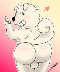 anthro ass balls big_butt blush canid canine curled_tail d13w0tt_(artist) flirting_look fur genitals gesture hand_gesture heart_symbol hi_res looking_back male mammal middle_finger nude slightly_chubby smile solo tail terrence_(ugly-rat15508) thick_thighs white_body white_fur