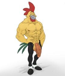 2021 abs anthro avian balls bird bottomwear chicken clothed clothing darkwing_duck disney ducktales flaccid footwear foreskin galliform gallus_(genus) genitals humanoid_genitalia humanoid_penis looking_at_viewer male male_only muscular muscular_anthro muscular_male nipples open_bottomwear open_clothing open_pants pants pecs penis phasianid pubes shoes solo steelbeak topless utx-shapeshifter vein veiny_penis white_background