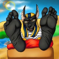 anthro anubian_jackal anubis black_fur bondage canid canine chair_bondage egyptian egyptian_mythology foot_fetish humanoid_feet jackal kertashion_(artist) male male_feet male_focus male_foot_fetish mummification mummified mythology river solo_male