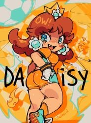 1girls ass daisy's_hot_stuff_(trend) female female_only mario_(series) mario_strikers mario_strikers_princess_daisy_side_view_redraw_(meme) meme orange_shorts princess_daisy screenshot_redraw super_mario_bros.