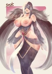 1girls big_breasts bimbo black_dress blind blindfold blindfolded clothed exposed_breasts female female_only highres mobile_legends pharsa_(mobile_legends) rdusk simple_background sketch tall_female watercolor_(artwork) wide_hips wings