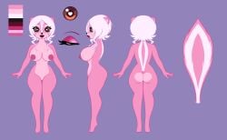 absurd_res anthro areola ass breasts brown_eyes color_swatch eyeshadow female genitals hair hi_res lipstick makeup mammal mephitid nipples nude pink_body pussy skelly_doll skunk solo stripes tail white_hair