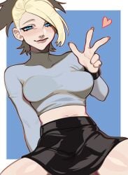 1girls bare_midriff big_breasts blonde_female blonde_hair blonde_hair_female blue_eyes blush clothed clothed_female clothes clothing female female_only fully_clothed heart light_blue_shirt lisa_silverman long_sleeve_shirt long_sleeves looking_at_viewer peace_sign persona persona_2 porqueloin presenting shirt skirt smile smiling smiling_at_viewer solo sweat thick_thighs topwear