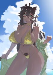 1girls background_sky big_breasts bikini breasts_bigger_than_head brown_hair cat_ears dark-skinned_female dark_skin female female_only glasses gold_bikini green_eyes hi_res highres huge_breasts long_hair looking_at_viewer original original_character pubic_hair pubic_hair_peek pussy_hair shuibaow solo thick_thighs thighs