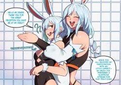 2girls blue_hair breast_size_difference breasts dialogue english_text female height_difference hentaly hi_res hololive hololive_fantasy hololive_japan huge_breasts light-skinned_female light_skin long_hair mature_female medium_breasts milf mother mother_and_daughter pekomama rabbit_ears usada_pekora virtual_youtuber