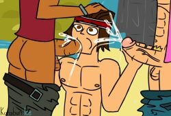 3boys abs alejandro_burromuerto_(tdi) blowjob brown_hair cock cum deepthroat dick ejaculation gay geoff_(tdi) kuraburrice kuraburrprn male male_only muscular_male pubic_hair total_drama_island tyler_(tdi) veiny_penis yaoi