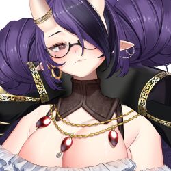 big_breasts blush cleavage hannahhyrule large_breasts neutral_expression pirate_girl pointy_ears purple_hair virtual_youtuber