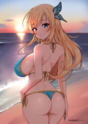 arm_at_side artist_name ass back beach bikini blonde_hair blue_bikini blue_bra blue_eyes blue_nails blue_panties blush boku_wa_tomodachi_ga_sukunai breasts butterfly_hair_ornament commentary cowboy_shot english_commentary evening female from_behind gold_trim grin hair_ornament halterneck hand_on_own_hip large_breasts light-skinned_female light_skin long_hair looking_at_viewer ocean pixiv pixiv_link sena_kashiwazaki shoulder_blades side-tie_bikini_bottom sideboob smile solo strap_gap string_bikini swimsuit thong_bikini virus-g water