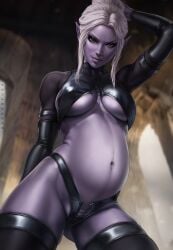 1girls 2024 absurd_res baldur's_gate_3 big_belly black_gloves bodysuit breasts dandon_fuga dark-skinned_female drow dungeons_and_dragons elbow_gloves elf forgotten_realms gloves indoors large_breasts latex lips looking_at_viewer minthara navel nose pointy_ears pregnant purple_skin red_eyes shiny_skin skin_tight smile solo standing thick_thighs thighhighs underboob viewed_from_below white_hair