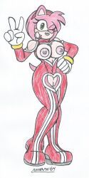 1girls amy_rose big_breasts big_hips bodysuit exposed_breasts exposed_pussy furry green_eyes high_heel_boots looking_at_viewer marlon64 modified_costume pink_body pink_fur pink_hair smiling_at_viewer sonic_(series) traditional_drawing_(artwork) traditional_media_(artwork) v_sign white_background wink