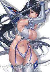 1girls ass_visible_from_the_front ass_visible_through_thighs bakuzan bikini_armor black_hair breasts busty cleavage eyeshadow female garter_straps gtunver hourglass_figure junketsu kill_la_kill kiryuuin_satsuki lipstick makeup mascara solo sword voluptuous weapon