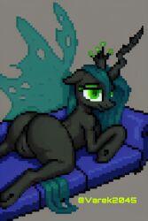 ai_generated black_skin chrysalis female green_eyes green_hair horn my_little_pony pixel pixel_art pony varek_daemonium_(artist)