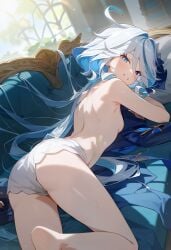 1female 1girls ai_generated ass blue_eyes breasts female female_only furina_(genshin_impact) genshin_impact heterochromia hi_res highres laying laying_on_couch laying_on_stomach light-skinned_female looking_at_viewer multicolored_hair panties small_breasts solo solo_focus very_high_resolution very_long_hair