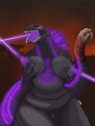 1girls anthro anthrofied aureola belly_button big_breasts big_butt big_woman chubby_female curves fat_ass godzilla godzilla_(series) lactating laser_tits long_tail mengao monster monster_girl pussy shin_godzilla spikes_(anatomy) thick_legs thick_thighs