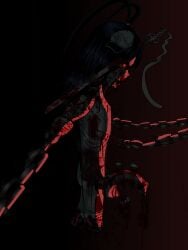 amputee bandage bleach bleach:_the_thousand-year_blood_war blood body_horror chains dark_background dark_room genital_mutilation giselle_gewelle guro impaled_head impalement intestines katana nipple_piercing nipple_torture red_eyes red_lighting sadomasochism shock tears_of_pain