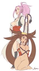 2girls baiken barefoot breasts brown_eyes chains cleavage clothed_female_nude_female detached_sleeves eye_scar guilty_gear guilty_gear_xrd hair_ornament japanese_clothes kneeling kuradoberi_jam long_hair multiple_girls nipples nude obi open_mouth pink_hair red_eyes restrained scar simple_background standing svenners toeless_legwear white_background wide_hips yuri