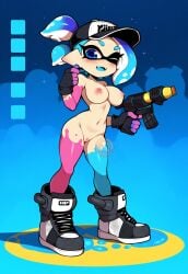 ai_generated blue_eyes blue_hair breasts gloves hat holding_weapon inkling_girl lovelyaidoptables nintendo nude paint_on_body pussy shoes splatoon tentacle_hair wink